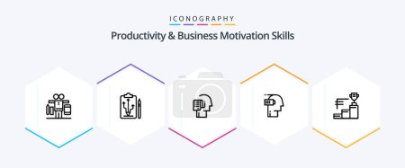 Illustration for Productivity And Business Motivation Skills 25 Line icon pack including mental. exhaustion. think. battery. schedule - Royalty Free Image
