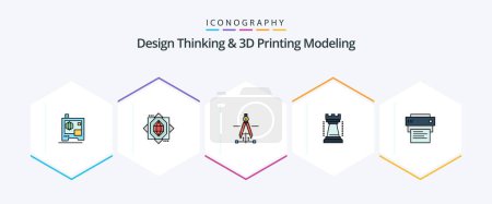 Illustration for Design Thinking And D Printing Modeling 25 FilledLine icon pack including printing. printer . drawing. sports. games - Royalty Free Image