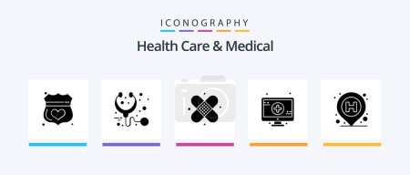 Téléchargez les illustrations : Health Care And Medical Glyph 5 Icon Pack Including location. sign. stethoscope. monitor. plaster. Creative Icons Design - en licence libre de droit