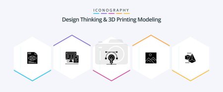 Ilustración de Design Thinking And D Printing Modeling 25 Glyph icon pack including box. education. bulb. image. frame - Imagen libre de derechos