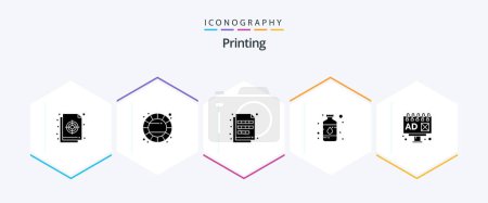 Téléchargez les illustrations : Printing 25 Glyph icon pack including paint. bottle. color wheel. art. imaging - en licence libre de droit