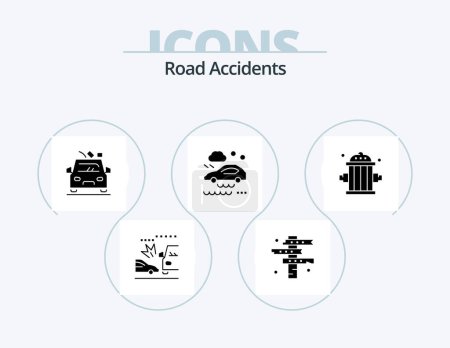 Ilustración de Road Accidents Glyph Icon Pack 5 Icon Design. firefighter. rain. west. car. road - Imagen libre de derechos