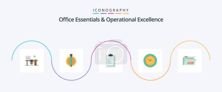 Téléchargez les illustrations : Office Essentials And Operational Exellence Flat 5 Icon Pack Including folder. minutes. graduate. watch. presentation - en licence libre de droit