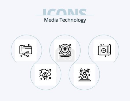 Illustration for Media Technology Line Icon Pack 5 Icon Design. connection. network. radio antenna. distribute. video - Royalty Free Image