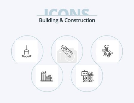 Téléchargez les illustrations : Building And Construction Line Icon Pack 5 Icon Design. finance. courthouse. office. bank. tools - en licence libre de droit