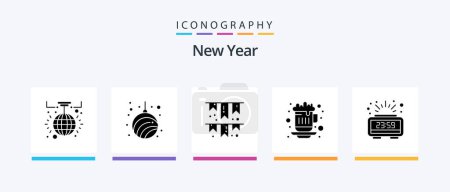Téléchargez les illustrations : New Year Glyph 5 Icon Pack Including clock. hot tea. year. hot coffee. party. Creative Icons Design - en licence libre de droit