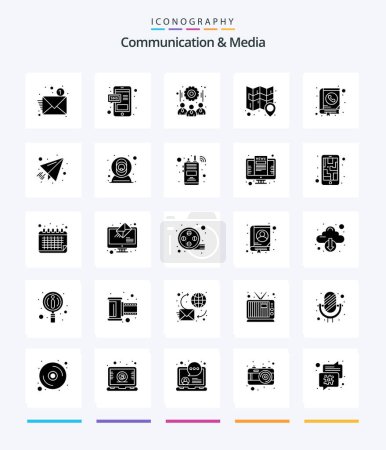 Illustration for Creative Communication And Media 25 Glyph Solid Black icon pack  Such As book. pin. gear. sticky. location - Royalty Free Image