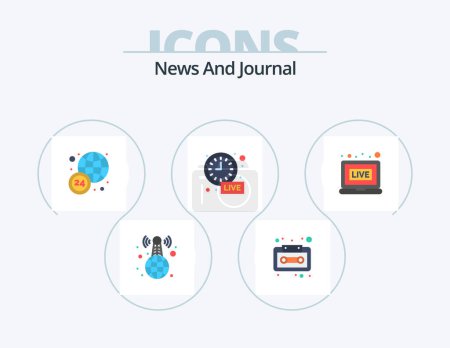 Illustration for News Flat Icon Pack 5 Icon Design. . live. world wide. broadcasting. time - Royalty Free Image