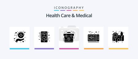 Téléchargez les illustrations : Health Care And Medical Glyph 5 Icon Pack Including bp gauge. medical. phone. heart beat. kit. Creative Icons Design - en licence libre de droit