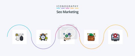 Téléchargez les illustrations : Seo Marketing Line Filled Flat 5 Icon Pack Including marketing. wallet. watch. money. optimize - en licence libre de droit
