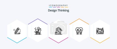 Téléchargez les illustrations : Design Thinking 25 Line icon pack including solution. bulb. idea. paper. checklist - en licence libre de droit
