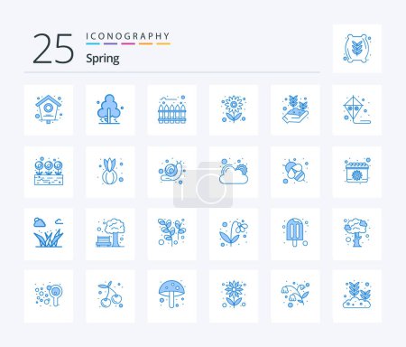 Téléchargez les illustrations : Spring 25 Blue Color icon pack including leaf. sun. fence. summer. flower - en licence libre de droit