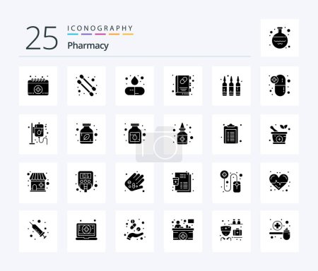 Téléchargez les illustrations : Pharmacy 25 Solid Glyph icon pack including capsule. liquid. medicine. drug. medical book - en licence libre de droit