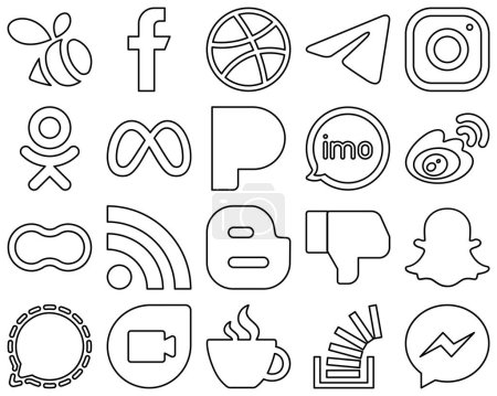 Illustration for 20 Stylish and elegant Black Line Social Media Icons such as video. imo. instagram. pandora and meta icons. Modern and high-quality - Royalty Free Image