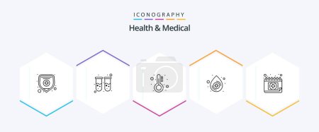 Illustration for Health And Medical 25 Line icon pack including schedule. calendar. medicine. appointment. drop - Royalty Free Image