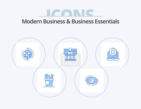 Téléchargez les illustrations : Modern Business And Business Essentials Blue Icon Pack 5 Icon Design. connection. business. find. globe. see - en licence libre de droit