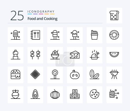 Téléchargez les illustrations : Food 25 Line icon pack including bowl. marshmallow. fries. food. drink - en licence libre de droit