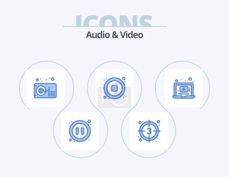 Illustration for Audio And Video Blue Icon Pack 5 Icon Design. video. video. video. stop. audio - Royalty Free Image