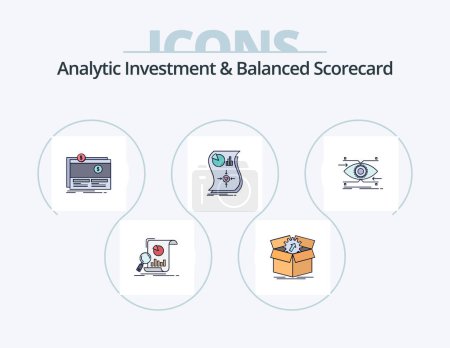 Ilustración de Analytic Investment And Balanced Scorecard Line Filled Icon Pack 5 Icon Design. scale. implementation. progress. income. stack - Imagen libre de derechos