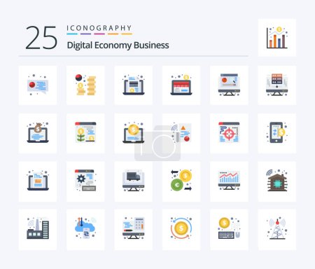 Téléchargez les illustrations : Digital Economy Business 25 Flat Color icon pack including graph. computer. laptop. dollar business. economy - en licence libre de droit