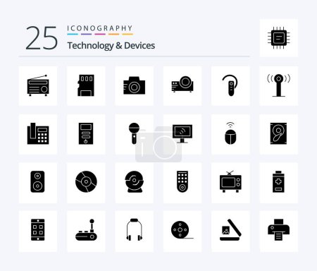 Téléchargez les illustrations : Devices 25 Solid Glyph icon pack including bluetooth. multi media. camera. movie. projector - en licence libre de droit