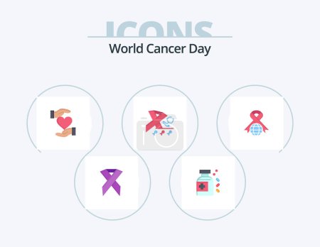 Illustration for World Cancer Day Flat Icon Pack 5 Icon Design. love. hand. medicine. give. day - Royalty Free Image