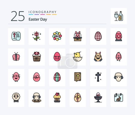 Téléchargez les illustrations : Easter 25 Line Filled icon pack including butterfly. egg. bascket. easter egg. decoration - en licence libre de droit