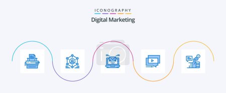 Illustration for Digital Marketing Blue 5 Icon Pack Including tutorial. play. people. laptop. mail - Royalty Free Image