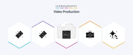 Illustration for Video Production 25 Glyph icon pack including spotlight. illumination. speaker. vintage camera. photography - Royalty Free Image