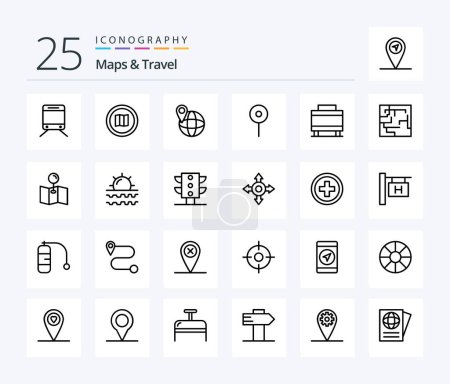 Illustration for Maps & Travel 25 Line icon pack including labyrinth. suitcase. global. luggage. maps - Royalty Free Image