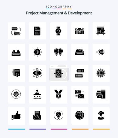Téléchargez les illustrations : Creative Project Management And Development 25 Glyph Solid Black icon pack  Such As briefcase. phone. financial. time. watch - en licence libre de droit