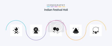 Téléchargez les illustrations : Holi Glyph 5 Icon Pack Including india. flower. decoration. powder. color - en licence libre de droit