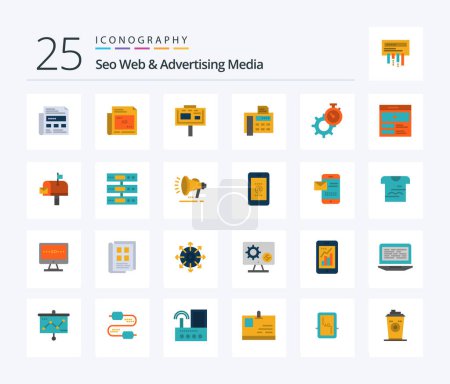 Ilustración de Seo Web And Advertising Media 25 Flat Color icon pack including watch. gear. branding. time. fax machine - Imagen libre de derechos