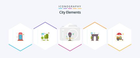 Téléchargez les illustrations : City Elements 25 Flat icon pack including stall. gate. tree. door. architecture - en licence libre de droit