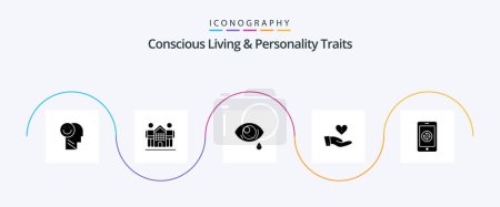 Téléchargez les illustrations : Concious Living And Personality Traits Glyph 5 Icon Pack Including hand. donation. home. charity. eye - en licence libre de droit