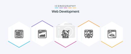 Ilustración de Web Development 25 Line icon pack including develop. web. diagnostic. promotion. badge - Imagen libre de derechos