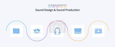 Téléchargez les illustrations : Sound Design And Sound Production Blue 5 Icon Pack Including keys. controller. kit. studio. headphones - en licence libre de droit