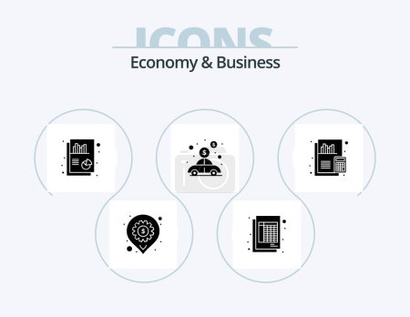 Téléchargez les illustrations : Economy And Business Glyph Icon Pack 5 Icon Design. calculation. money. chart. investment. car - en licence libre de droit
