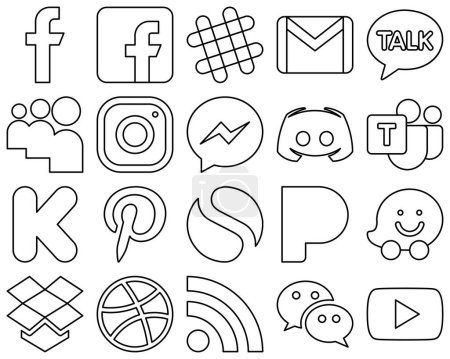 Illustration for 20 Customizable Black Outline Social Media Icons such as text. discord. myspace. fb and messenger icons. Fully customizable and high-quality - Royalty Free Image