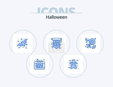 Ilustración de Halloween Blue Icon Pack 5 Icon Design. candy. skull. bat. scary. flag - Imagen libre de derechos