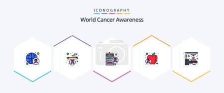 Ilustración de World Cancer Awareness 25 FilledLine icon pack including radiation. machine. health. food. fruit - Imagen libre de derechos
