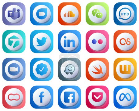 Illustration for 20 Cute Modern 3D Gradient Social Media Icons such as flickr. linkedin. imo. tweet and tagged icons. Fully Editable and Modern - Royalty Free Image