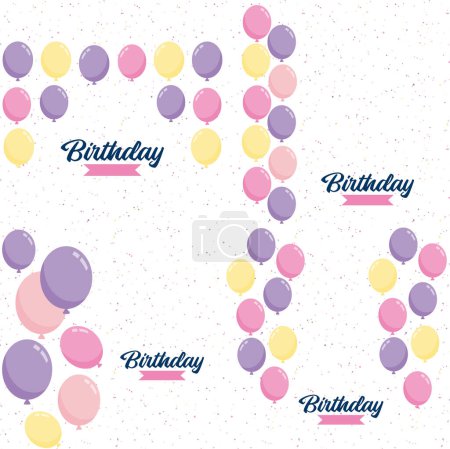Ilustración de Happy Birthday text with a realistic balloon and vector illustration of a celebration balloon with a colorful flag background includes anniversary birthday light bokeh and glitter - Imagen libre de derechos