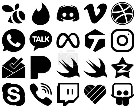 Illustration for 20 Simple Black Glyph Social Media Icons such as inbox. meta. dribbble. instagram and facebook icons. Fully customizable and professional - Royalty Free Image