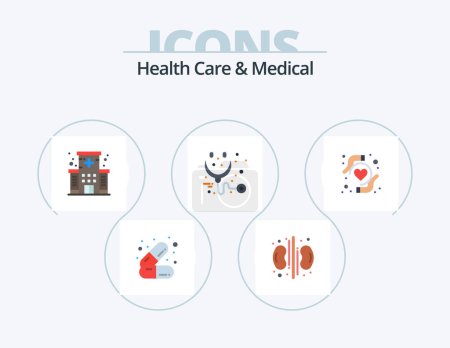 Illustration for Health Care And Medical Flat Icon Pack 5 Icon Design. heart health. stethoscope. healthcare. medical. care - Royalty Free Image