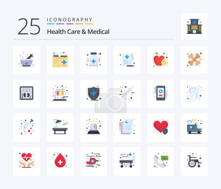 Illustration for Health Care And Medical 25 Flat Color icon pack including apple. medical. care. hospital. care - Royalty Free Image