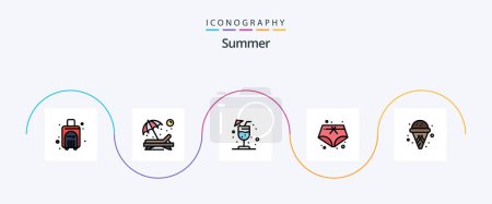 Téléchargez les illustrations : Summer Line Filled Flat 5 Icon Pack Including summer. cone. sunbathe. vacation. shorts - en licence libre de droit