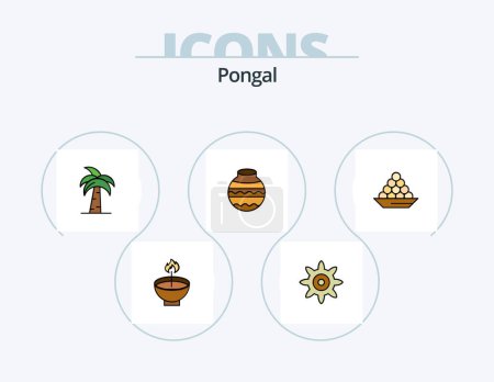 Téléchargez les illustrations : Pongal Line Filled Icon Pack 5 Icon Design. sweet. indian. lamp. dessert. bowl - en licence libre de droit