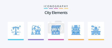 Téléchargez les illustrations : City Elements Blue 5 Icon Pack Including station. building. food. hotel. apartment. Creative Icons Design - en licence libre de droit