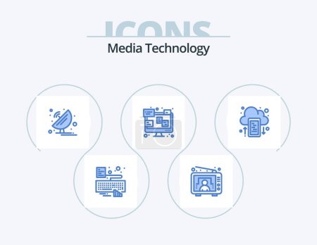 Ilustración de Media Technology Blue Icon Pack 5 Icon Design. cloud. laptop. antenna. communication. science - Imagen libre de derechos